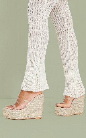 Beige Pretty Little Thing Clear Triple Strap Raffia Wedges Heels | ZXCRGVW-90