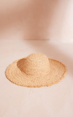 Beige Pretty Little Thing Natural Woven Frayed Edge Straw Hats | CJAMLQV-29