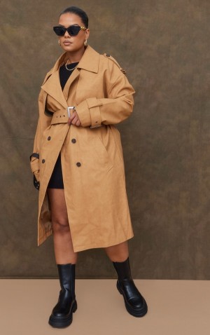 Beige Pretty Little Thing Plus Faux Leather Statement Buckle Trench Coats | KYSRDXJ-54