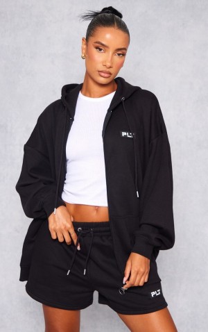 Black Pretty Little Thing Badge Oversized Zip Up Hoodie | BYFRNLW-52