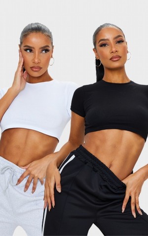 Black Pretty Little Thing Basic Cotton Blend Roll Sleeve Crop 2 Pack T-shirts | CNHBQGP-01