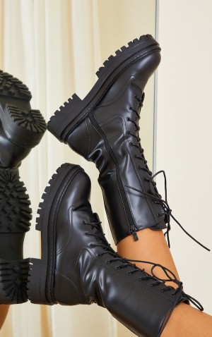 Black Pretty Little Thing Calf High Lace Up Chunky Biker Boots | YDBNUMC-12