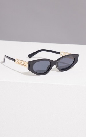 Black Pretty Little Thing Chain Detail Round Cat Eye Sunglasses | JDOGNFH-82