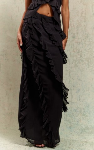 Black Pretty Little Thing Chiffon Ruffle Detail Maxi Skirts | JTHGAVF-56