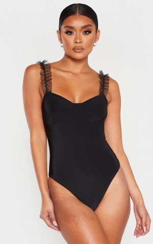 Black Pretty Little Thing Dobby Mesh Frill Strap Slinky Bodysuits | WFTVGRY-17