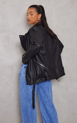 Black Pretty Little Thing Faux Leather Longline ed Biker Jackets | AQJYICH-97