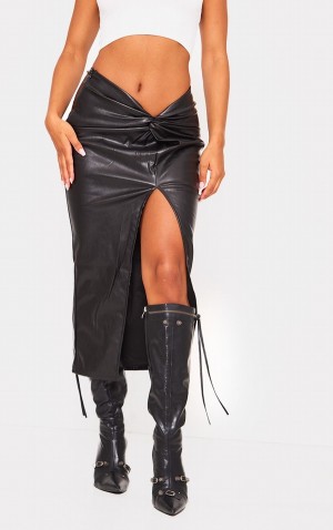 Black Pretty Little Thing Faux Leather Twist Detail Front Skirts | CMINQGJ-91