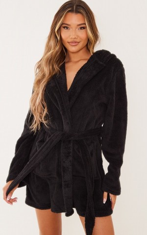 Black Pretty Little Thing Fluffy Bath Robe Sleepwear | PSZYLEH-21