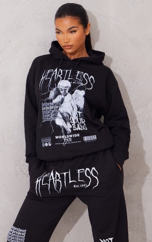 Black Pretty Little Thing Heartless Graphic Printed Hoodie | GSARCKN-95