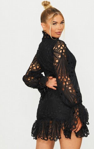 Black Pretty Little Thing High Neck Lace Long Sleeve Frill Bodycon Dresses | ZYBUCAJ-45