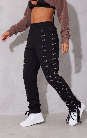 Black Pretty Little Thing Lace Up Detail Oversized Sweatpants | RGSPOJX-72