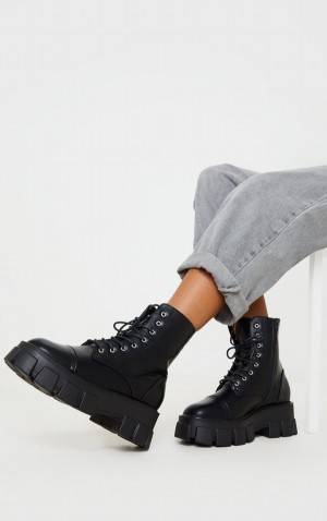 Black Pretty Little Thing Lace Up Extreme Cleated Sole Combat Boots | KQNGFJU-56