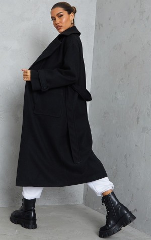 Black Pretty Little Thing Maxi Panel Detail ed Coats | GFSTRIU-34