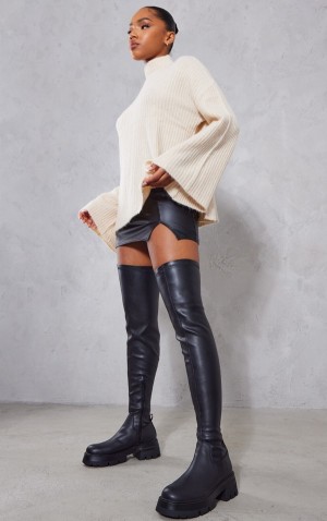 Black Pretty Little Thing PU Chunky Arched Sole Over The Knee Boots | EIDTWHG-51