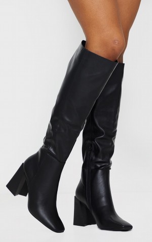 Black Pretty Little Thing PU Flare Block Square Toe Over Knee Boots | MWVJPIO-27