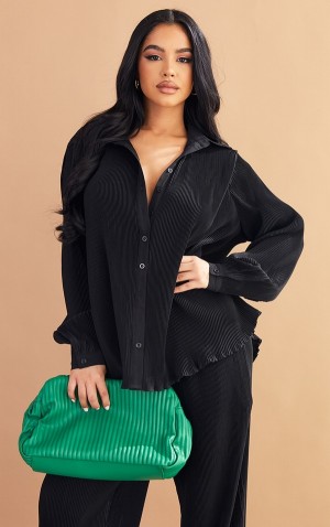 Black Pretty Little Thing Petite Plisse Oversized Cuff Detail Shirts | YATULQN-79