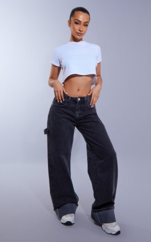 Black Pretty Little Thing Petite Washed Wide Leg With Strap Detail Jeans | OEURFTZ-63