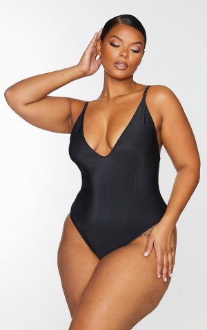 Black Pretty Little Thing Plus Basic Low Scoop Swimsuits | OUTJSIL-75