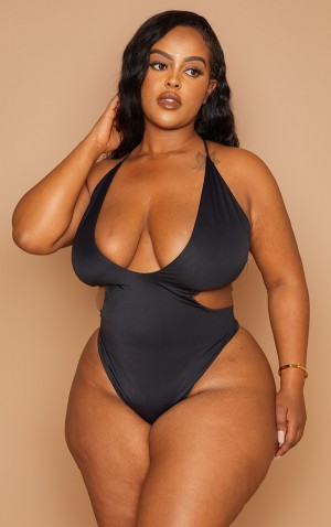 Black Pretty Little Thing Plus Cross Front Cut Out Swimsuits | KHGBMYL-08