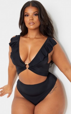 Black Pretty Little Thing Plus Frill Edge Detail Swimsuits | JBAHTEY-58