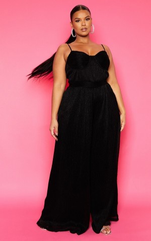 Black Pretty Little Thing Plus Glitter Cup Detail Wide Leg Jumpsuits | ADYVRQS-73