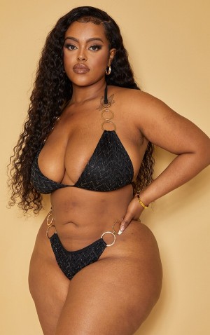 Black Pretty Little Thing Plus Glitter Detail Bikini Tops | IDUBOCL-39