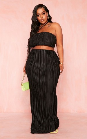 Black Pretty Little Thing Plus High Waisted Plisse Maxi Skirts | EYAPUID-93