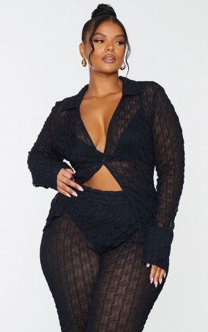 Black Pretty Little Thing Plus Mesh Button Front Shirts | UGPDNCI-97