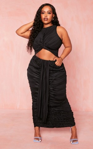 Black Pretty Little Thing Plus Plisse Drape Front Maxi Skirts | RAWXTJS-31