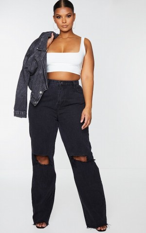 Black Pretty Little Thing Plus Ripped Long Leg Straight Jeans | ONWUTDB-45