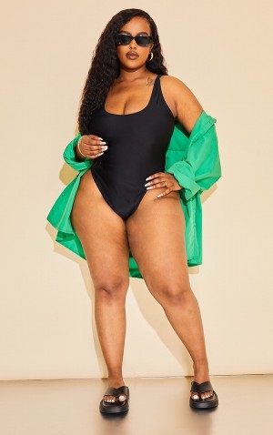 Black Pretty Little Thing Plus Scoop Neck Swimsuits | IJBDSGP-91