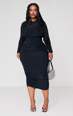 Black Pretty Little Thing Plus Slinky Ruched Side Midaxi Skirts | NFHZAIB-68