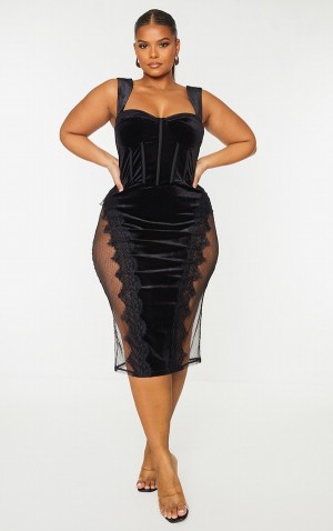 Black Pretty Little Thing Plus Velvet Lace Trim Corset Dresses | ROWBXQY-19