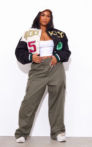 Black Pretty Little Thing Plus Wool Look Graphic Front Cropped Bomber Jackets | UTKWJCS-10