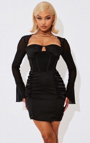 Black Pretty Little Thing Satin Corset Detail Lace Up Mesh Sleeve Bodycon Dresses | BEGSOUZ-94