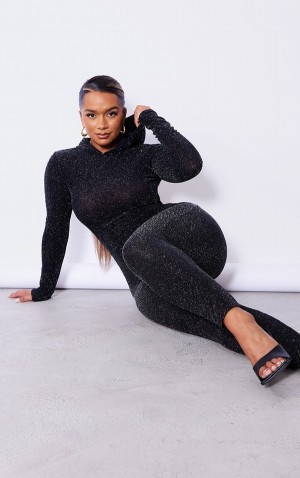 Black Pretty Little Thing Shape Glitter Hooded Cut Out Back Jumpsuits | QIDFCHK-35