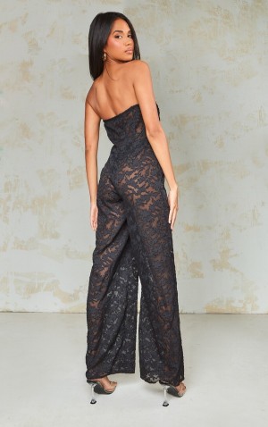 Black Pretty Little Thing Sheer Jacquard Bandeau Bow Detail Jumpsuits | LVDCWZP-43