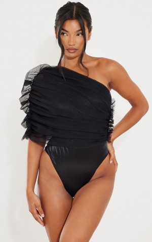 Black Pretty Little Thing Sheer Ruffle One Shoulder Bodysuits | XFIAGWH-74