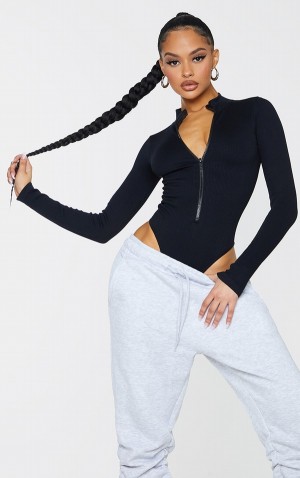 Black Pretty Little Thing Snatched Rib Zip Up Long Sleeve Bodysuits | AWBMUCG-98