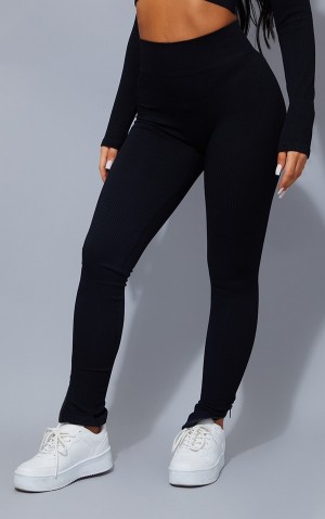 Black Pretty Little Thing StructuSnatched Rib Zip Split Hem Leggings | CVWXAFY-75