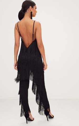 Black Pretty Little Thing Tassel Plunge Jumpsuits | JPVZXAK-64