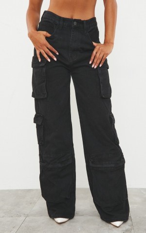 Black Pretty Little Thing Washed Cargo Pocket Detail Wide Leg Jeans | RSFWKGB-38