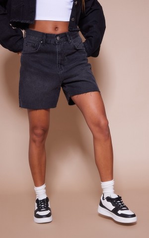 Black Pretty Little Thing Washed Raw Hem Longline Mom Shorts | LKZHVRM-89