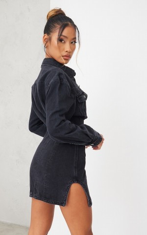 Black Pretty Little Thing Washed Seam Detail Long Sleeve Dresses | RYGXLFM-16