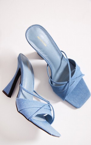 Blue Pretty Little Thing Denim Square Toe Cross Strap Retro Styleeds Heels | WNPLZCS-26