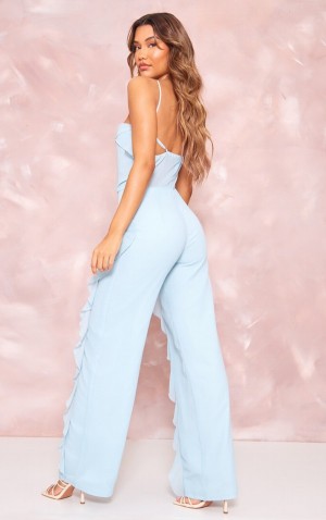 Blue Pretty Little Thing Dusty Sheer Chiffon Strap Detail Frill Jumpsuits | JVRXCID-31