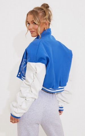 Blue Pretty Little Thing Graphic Front Faux Leather Ruched Sleeve Cropped Bomber Jackets | ZSOTQPW-53