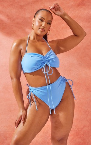 Blue Pretty Little Thing Plus Cornflower Ruched Front Halterneck Bikini Tops | FNGEWQY-54