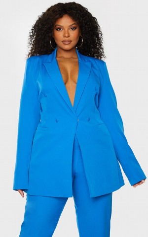 Blue Pretty Little Thing Plus Double Breasted Woven Blazers | IFGHOYR-98