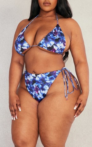 Blue Pretty Little Thing Plus Floral Tie Side High Waist Bikini Bottoms | VFIXGMJ-30